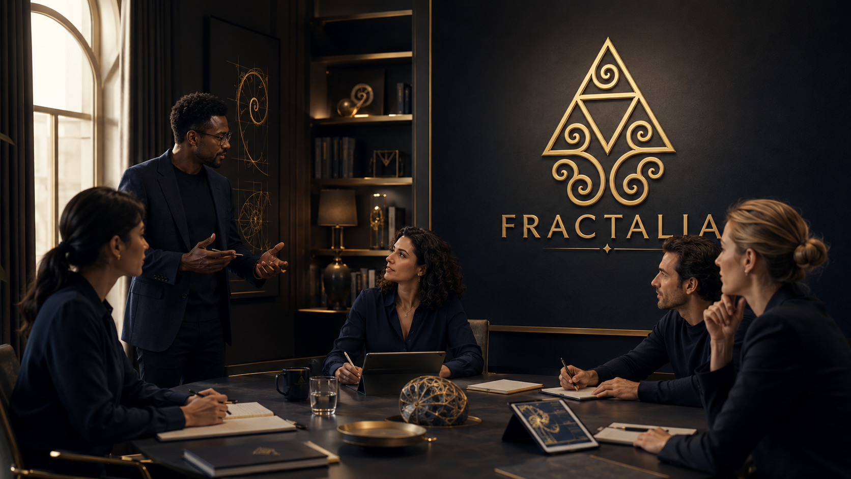 A leadership team aligning on a shared plan in a refined strategy room