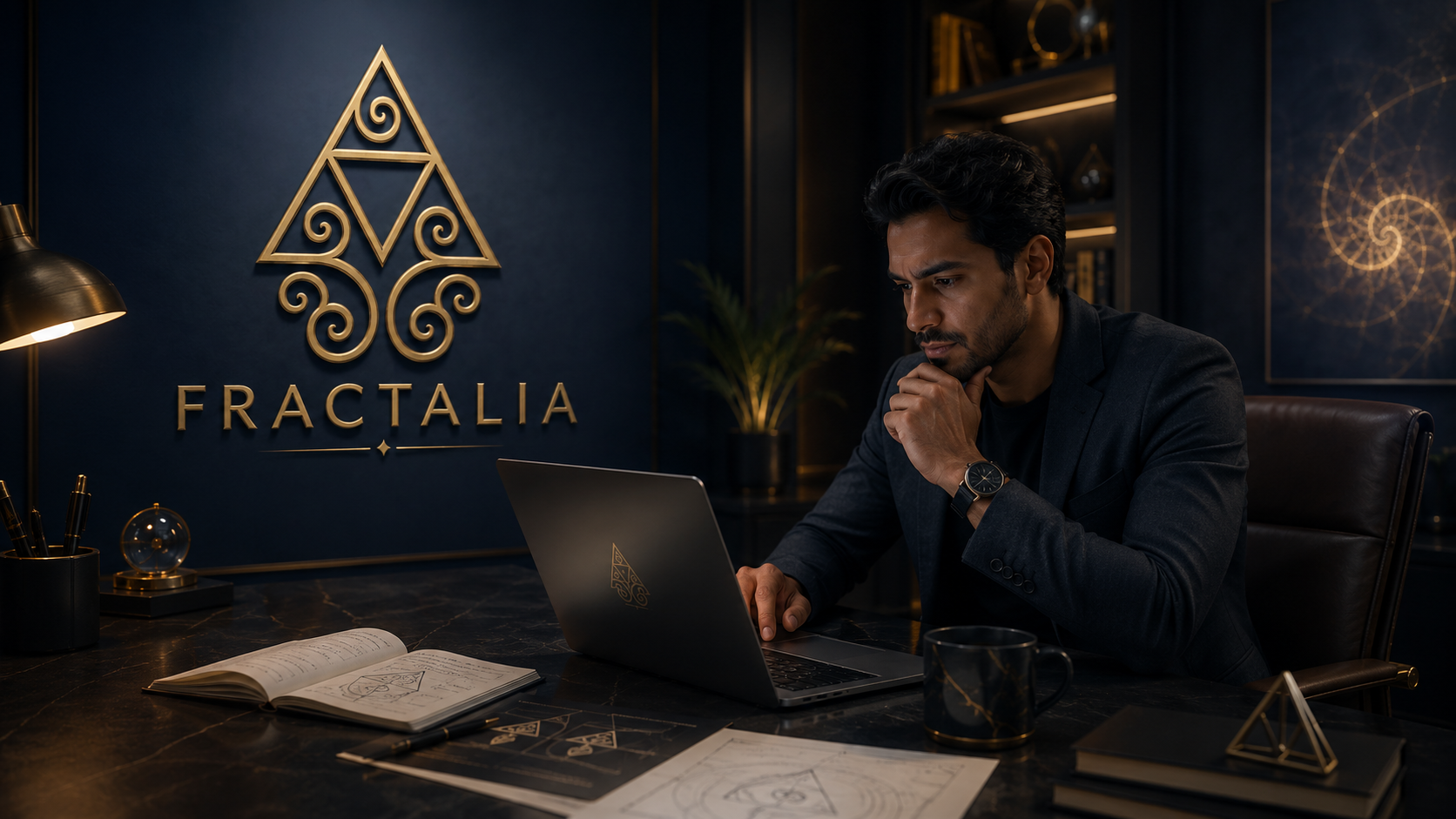 A founder thinking through strategy at a desk in warm Fractalia light