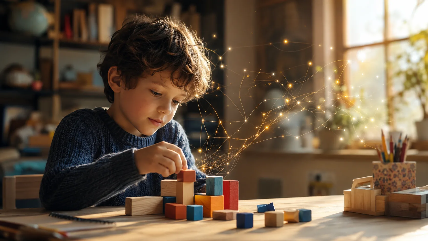 Un copil construind din cuburi colorate lângă conexiuni luminoase aurii, sugerând dezvoltarea creierului