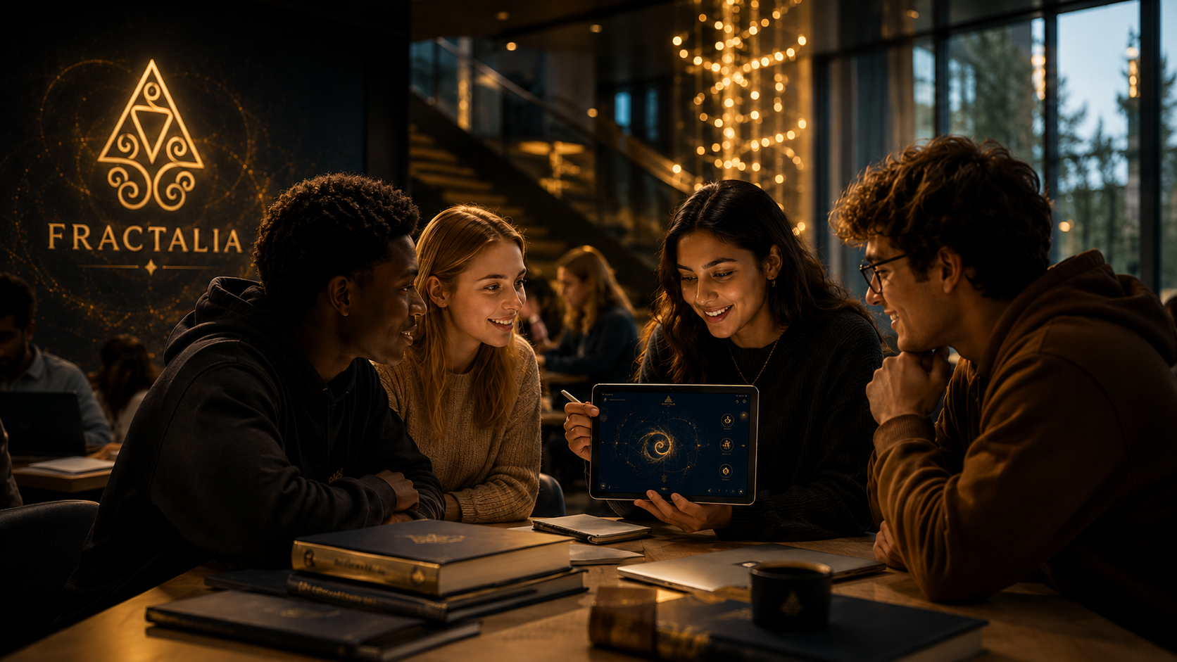 Diverse students exploring a question together with Fractalia on a tablet